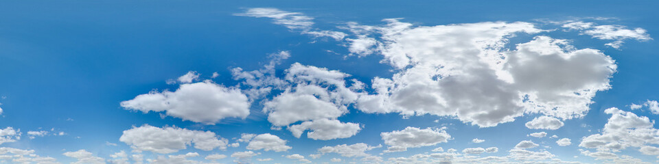 Wall Mural - Sky 360 with clouds and sun. Image with 3D spherical panorama with 360 degree viewing angle. Ready for virtual reality in vr. Semi equirectangular projection. Background for games. Huge resolution.