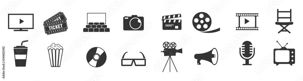 Cinema icons set vector illustration. Contains such icon as film, movie, tv, video and more.  - obrazy, fototapety, plakaty 