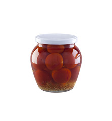 Canned cherry tomatoes in a 500 ml glass jar isolated on a white background.