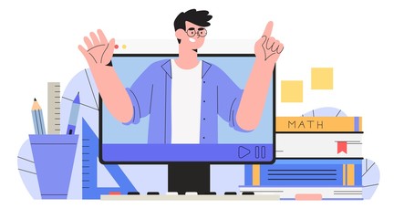 Male teacher conduct online video lessons for school pupils or university students. Video course, web seminar.