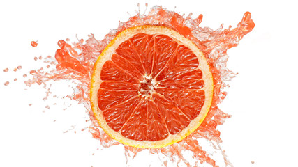 Wall Mural - Freeze motion of sliced grapefruit with splashing juice isolated on white background