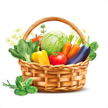 Basket With Vegetables And Herbs Isolated On White. Vector Illustration.