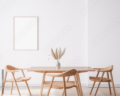 Fotomural Bright interior dining room with wooden big table and wooden chairs on white wal