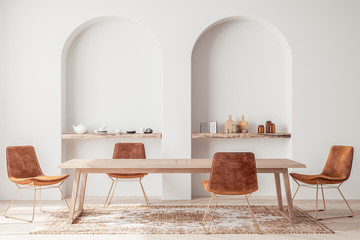 Interior design of modern dining room with orange furniture and wooden table, Scandinavian style