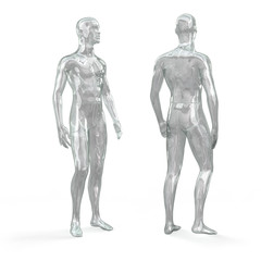 Wall Mural - Set of male transparent shiny glass (plastic) mannequin for clothes. Standing male invisible figure. Back and side view. 3d illustration isolated on a white background.