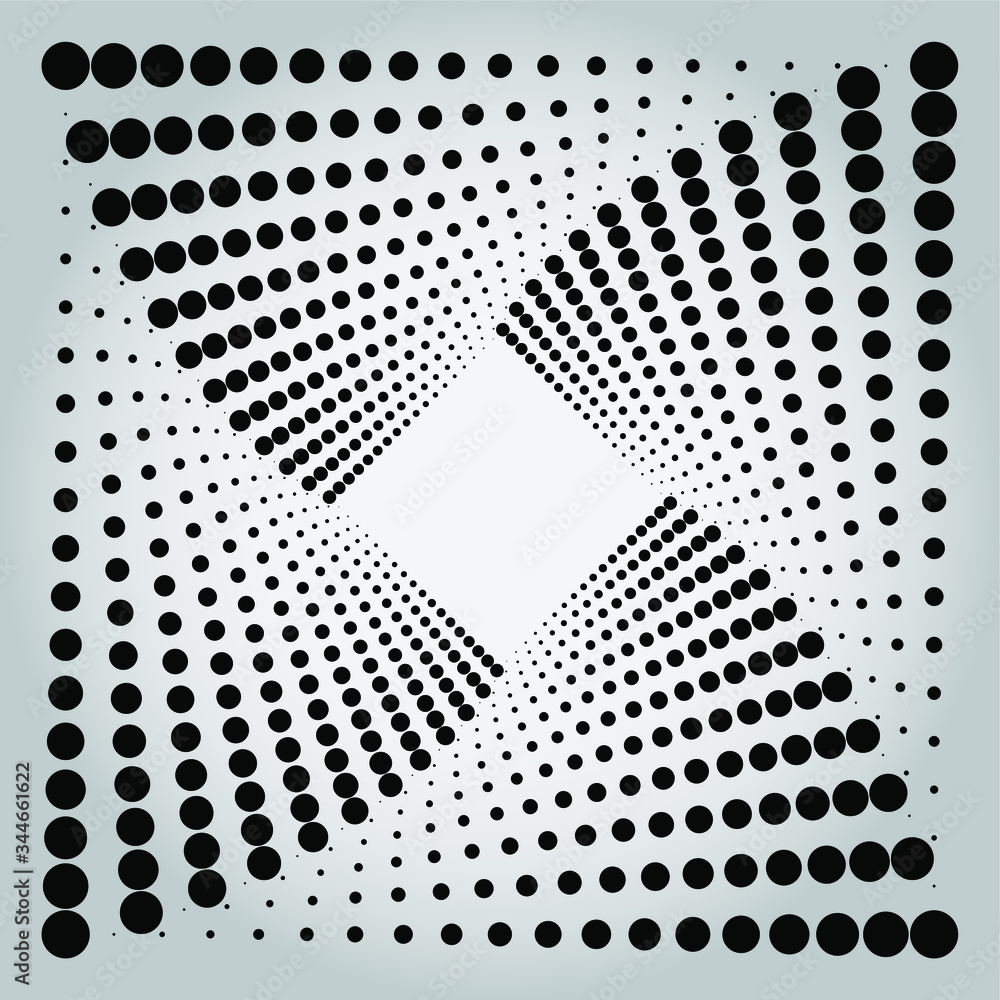 Abstract black halftone dots in spiral square form. Geometric art ...