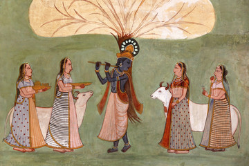 old indian wall painting in amber fort: two women in traditional clothes and