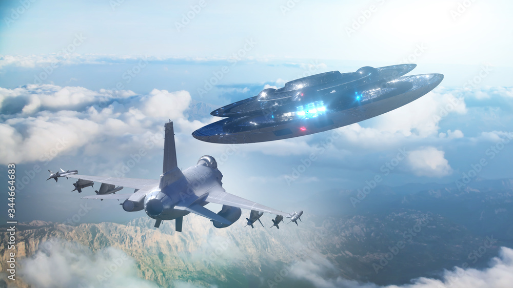 UFO flies away from a military plane, 3d render Stock Photo | Adobe Stock