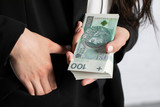 Fototapeta  - The woman holds her right hand in her pocket and squeezes a thick bundle of banknotes in her left.