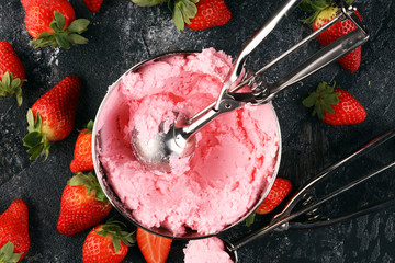 Sticker - Strawberry ice cream scoop with fresh strawberries and waffle icecream cones