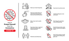 Protect Yourself Tips From Coronavirus COVID-19, Stay Home, Handshake, Wash Hands, Touch Face, Mouth Mask, Alcohol, Sanitizer, Social Distancing, Set Of Illustration In Infographics Vector Icon Style.