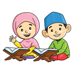 Cartoon of boy and girl Muslim recite the Quran