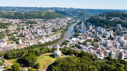 Joaçaba - SC. Aerial view of Joaçaba city and Frei Bruno monument - Santa Catarina - Brazil