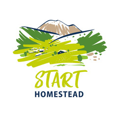 Wall Mural - Start homestead. Freehand drawn silhouette mountain landscape. Template logo, banner, poster for small micro business.