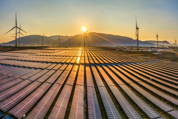 Aerial view of windmill and Solar panel, photovoltaic, alternative electricity source - concept of sustainable resources on a sunny day, Bac Phong, Thuan Bac, Ninh Thuan, Vietnam