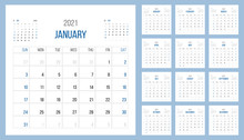 Calendar 2021 Planner Blue Corporate Template Design Set. Week Starts On Sunday.