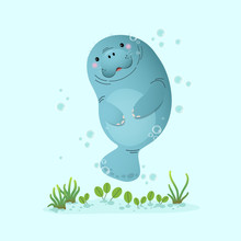 Vector Illustration Cute Cartoon Manatee Swimming Underwater With Seagrass.