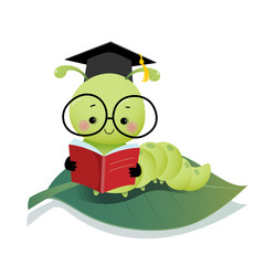 Wall Mural - Vector illustration cute cartoon caterpillar worm wearing graduation mortarboard hat and glasses reading a book on the leaf.