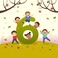 Wall Mural - Flashcard for kindergarten and preschool learning to counting number 6 with a number of kids.