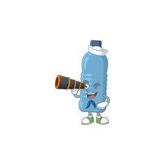 Wall Mural - Mineral bottle in Sailor cartoon character style using a binocular