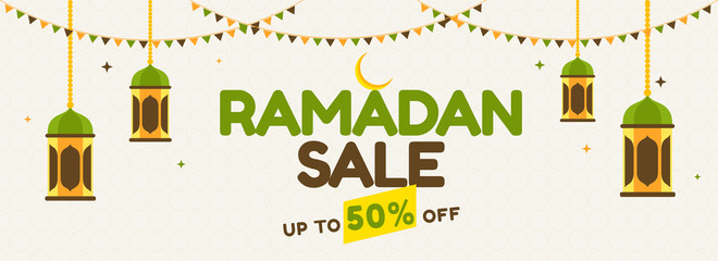 Poster - Islamic holy month of Ramdan Sale Banner with Hanging Colorful Lanterns, Crescent Golden Moon and Colorful Bunting Flags.