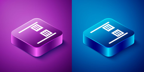 Poster - isometric old western swinging saloon door icon isolated on blue and purple background. square butto