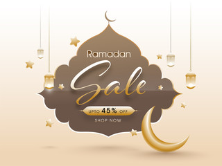 Wall Mural - Ramdan Sale concept with crescent moon and hanging lanterns. Islamic holy month of prayers background.