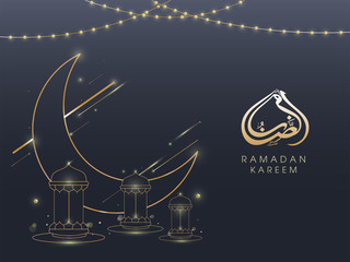 Wall Mural - Arabic calligraphic golden text Ramadan Kareem, line-art illustration of crescent moon, lanterns, and lights on grey backgrond. Islamic holy month of prayers concept.