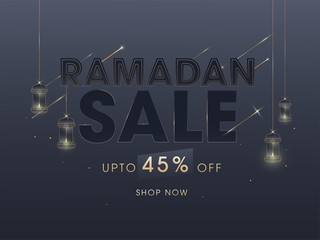 Wall Mural - Ramadan sale concept with hanging golden lanterns on grey background.
