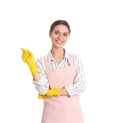 Poster - Young chambermaid wearing gloves on white background