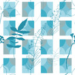 © dinadankersdesign - Wildflowers, herbs and leaves vector seamless pattern. Hand drawn florals on abstract background with geometric shapes.