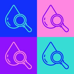 Canvas Print - pop art line drop and magnifying glass icon isolated on color background. vector illustration