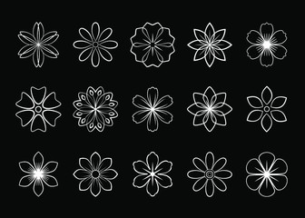 Poster - Vector floral set, simple symmetric ornamental flowers collection, white illustrated flowers isolated on black background, glowing floral group, outline, line art,