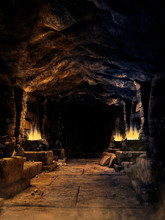 Dark Corridor In A Fantasy Mine With Burning Torches And Rubble On The Ground. 3D Render.