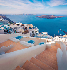 Wall Mural - Superb morning view of Santorini island. Wonderful summer scene of famous Greek resort Thira, Greece, Europe. Traveling concept background.