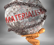 Materialism and hardship in life - pictured by word Materialism as a heavy weight on shoulders to symbolize Materialism as a burden, 3d illustration
