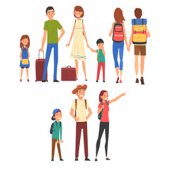 Sticker - People Travelling and Sightseeing on Vacation, Happy Families and Couples with Luggage Vector Illustration