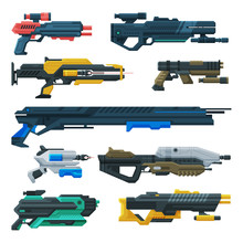 Futuristic Space Guns Blasters Collection, Fantastic Handguns, Alien Weapon Vector Illustration