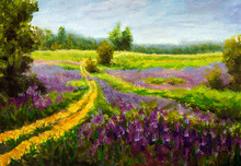 Purple Flowers Field Oil Painting. Beautiful Flower Wildflowers Landscape Art By Artist