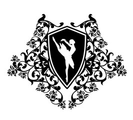 ballerina girl inside heraldic shield with rose flowers - ballet dancer black and white vector coat of arms design