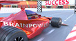 Brainpower and success - pictured as word Brainpower and a f1 car, to symbolize that Brainpower can help achieving success and prosperity in life and business, 3d illustration