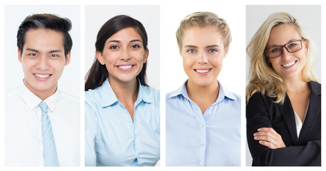 Happy positive Caucasian and Asian managers corporate portrait set. Smiling young men and women of different races multiple shot collage. Business people and job concept