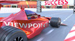 Viewpoint and success - pictured as word Viewpoint and a f1 car, to symbolize that Viewpoint can help achieving success and prosperity in life and business, 3d illustration