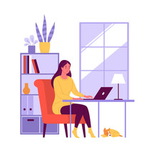 Working From Home. Vector Illustration Of A Young Pretty Woman Sitting On A Red Armchair In Her Apartment And Working On A Laptop At The Desk. Isolated On White