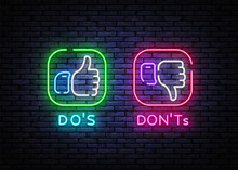 Dos Donts Neon Signs Vector Design Template. Yes Or No Neon Light Banner Design Element Colorful Modern Design Trend, Night Bright Advertising, Bright Sign. Vector Illustration