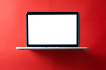 Laptop with blank screen mockup concept. Creative workspace background.