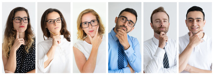 Wall Mural - Pensive professionals touching chins and thinking isolated portrait set. Men and women wearing glasses, casual or formal clothes multiple shot collage. Business people and job concept