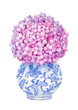 © daria - Watercolor hand painted hydrangea in vase. Pink flowers bunch of hydrangea. Can be used as print, postcard, invitation, poster, packaging design, textile, book or magazine illustration.