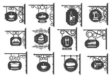 Vintage Street Signboards Vector Design. Iron Shop Sign Boards Hanging On Wrought Metal Brackets And Chains With Antique Forged Ornaments, Restaurant, Store And Cafe, Pub Or Bar And Bakery Signages