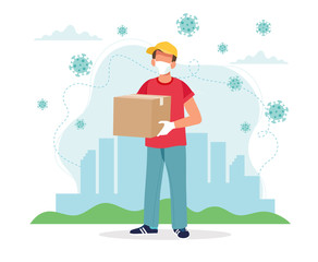 Wall Mural - Safe delivery concept, delivery man with a box wearing mask. Vector illustration in flat style